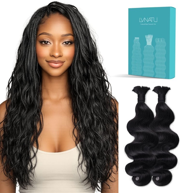 Lvnatu Body Wave Boho Human Hair for Bohemian Knotless Braids Braiding Bulk 2 Bundles No Weft 14 Inch 100g Jet Black - Easy to Install for Salon/Home/Beginners