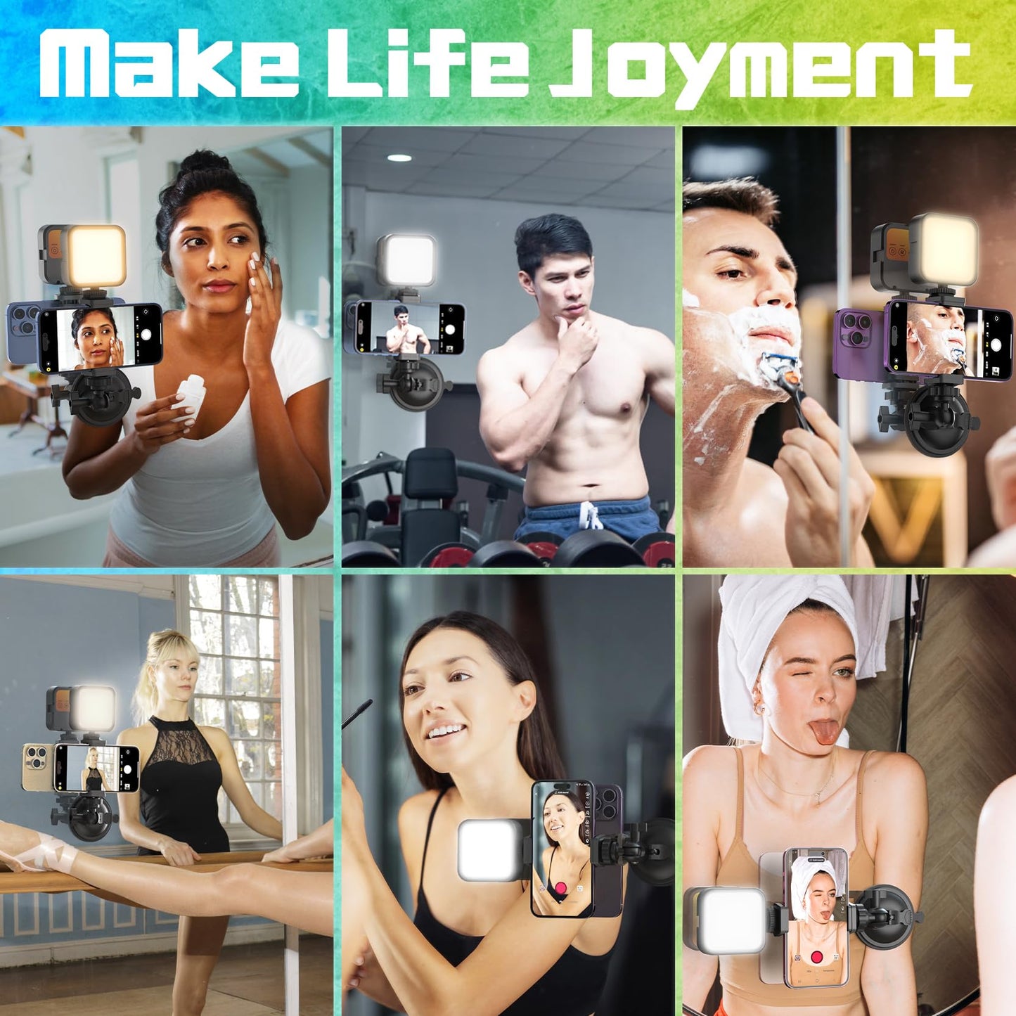 HzTinT Suction Cup Phone Mount with Rechargeable Light, Mirror Phone Holder with Light Shower Bathroom Kitchen, Mirror Tripod for TikTok YouTube Instagram Make Up Pics Video Content Creator