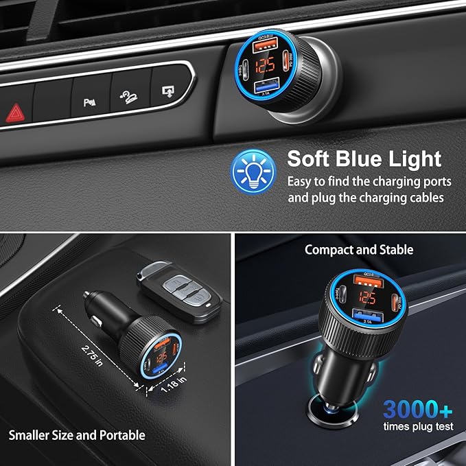 USB C Car Charger, 3 Pack 65W Dual 12V Car Power Adapter with Voltmeter QC+PD 3.0 Multi Port Fast Charging Cigarette Lighter USB Charger for iPhone 17 16 15 14 13 12 Pad Pro Max, Android(Black Gray)