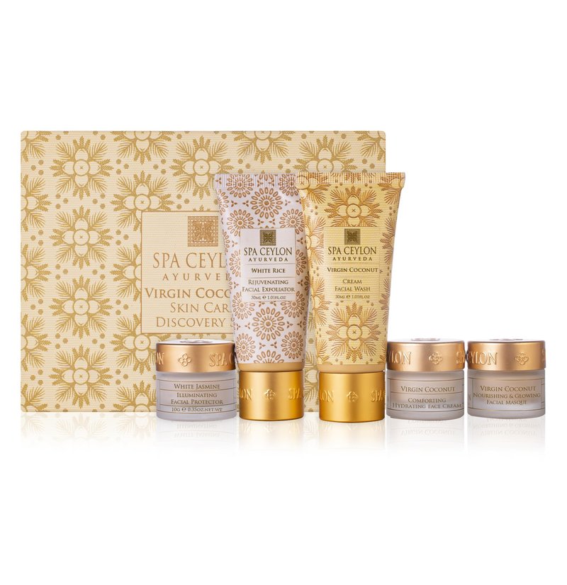 Spa Ceylon Virgin Coconut Skin Care Discovery Set | Travel Size Face Care Set | Organic Face Wash, Masque, Face Cream & Protector | For Normal to Dry Skin