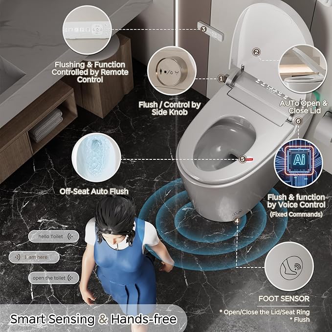 Smart Toilet with Bidet Built In, ADA Comfort Height, One Piece Elongated Toilet with Tank Built in,Pump, Auto Open Close Quiet Flush, Foam Shield, Voice Control Heated Seat, Instant Warm Water