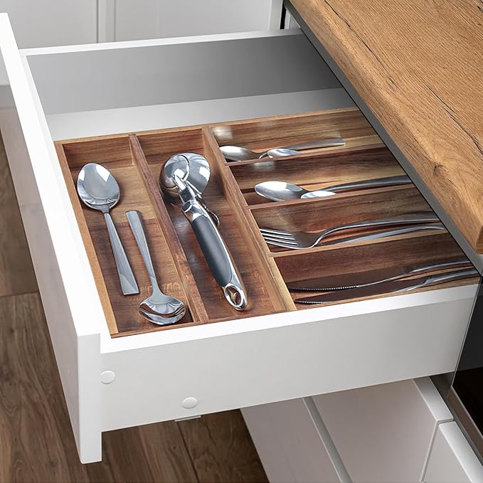Acacia Wood Silverware Organizer, Kitchen Utensil Drawer Organizer for Forks, Knives & Spoons, 6-Compartment Cutlery Tray, Flatware Holder
