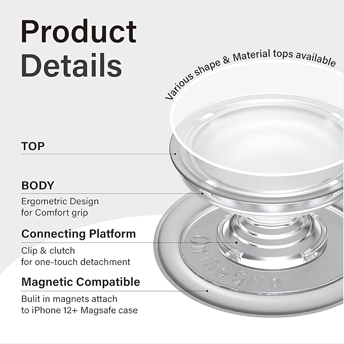 On The Grip Magnetic Phone Grip for MagSafe, Genuine Natural Crystal & Seashell Stone, Swappable Top, Strong Magnet Holder & Kickstand for iPhone 15 14 13 12 Pro Max Plus & MagSafe Cases (Violet)