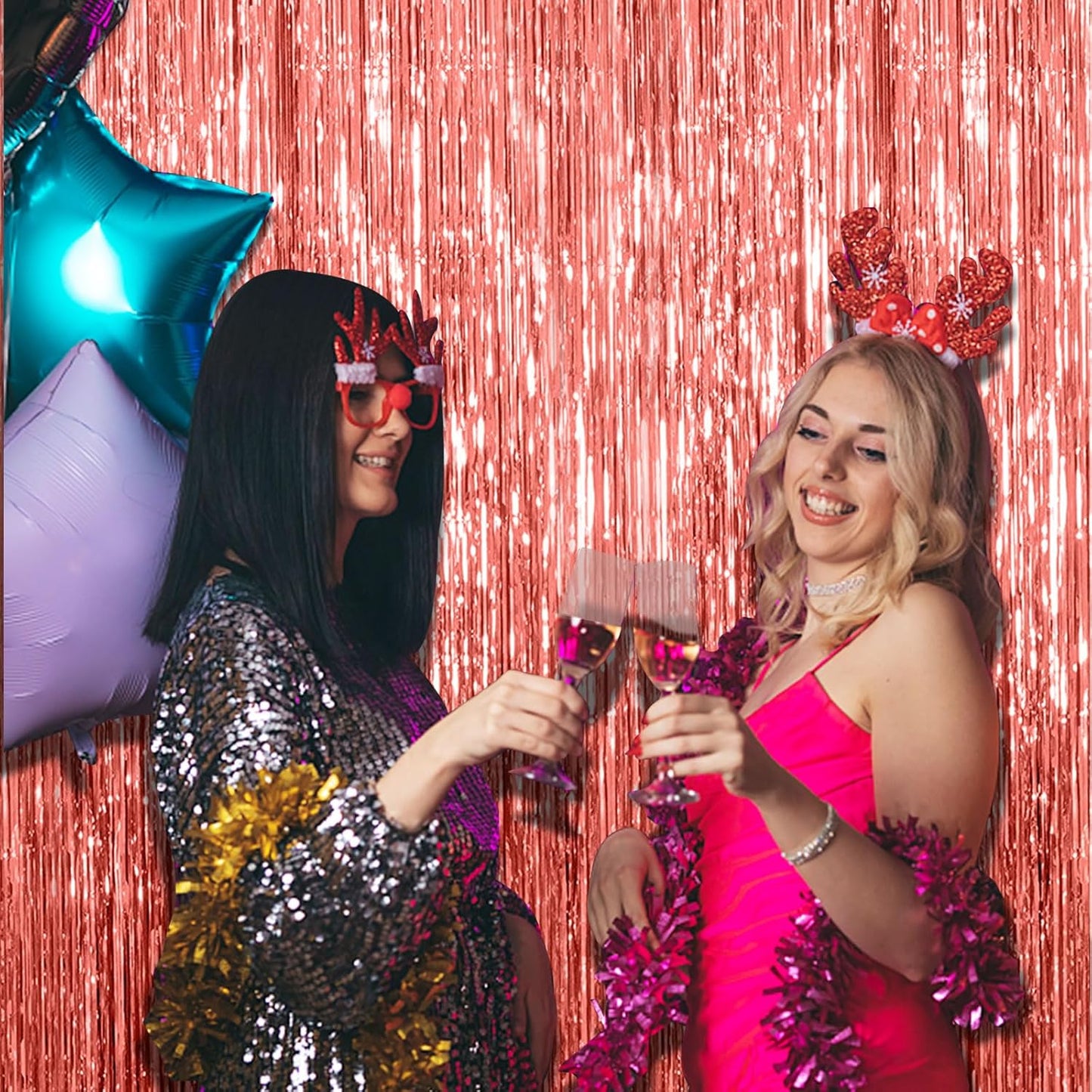 Skiennix Rose Gold Fringe Curtain Backdrop - 10 Pack Metallic Tinsel Streamers for Parties & Events