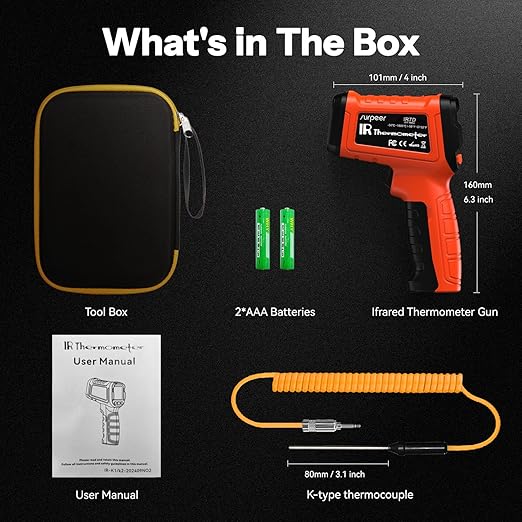 Surpeer -58°F to 2732°F Infrared Thermometer IR Laser Gun 50:1, Digital Temperature Gun/K-Type Probe -4°F~932°F, Humidity Sensor, High-Temp Pyrometer for Kiln, Forge, Furnace, Industrial Use