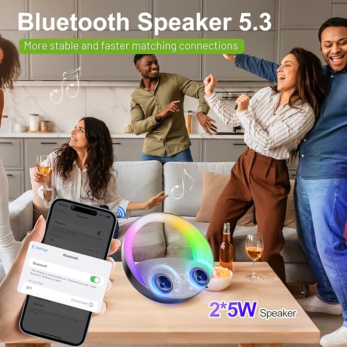 FUNFOR Bluetooth Alarm Clock, Sunrise Simulation Wake Up Night Light, 15W Fast Wireless Charging Alarm Clock for Bedroom, 10W Bluetooth Stereo Sound Speaker, USB Charger Port