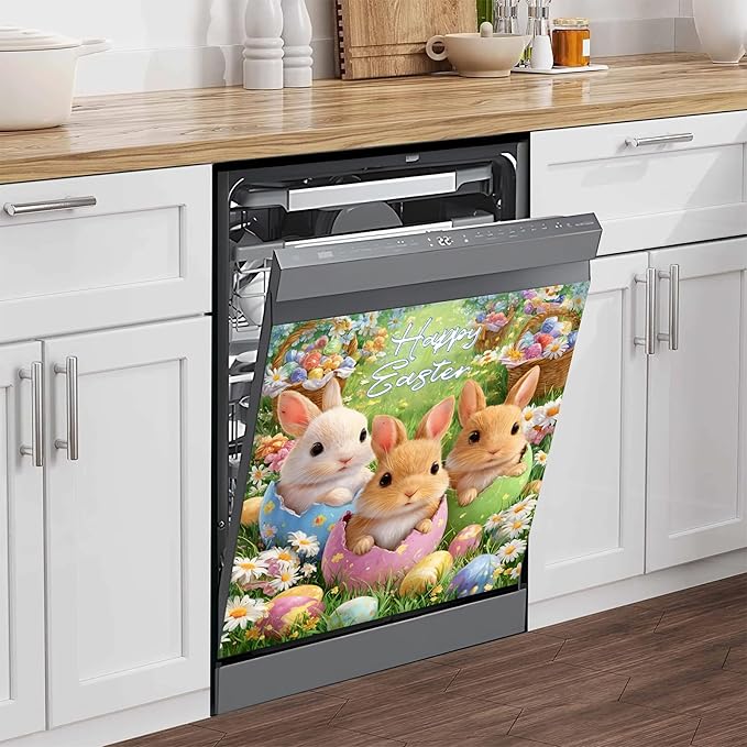 NYZE Easter Dishwasher Magnets Cover, Bunnies Eggs Dishwasher Magnetic Sticker Decorative, Reusable Dish Washer Cover for Dishwashers (Eggshell Bunnies)