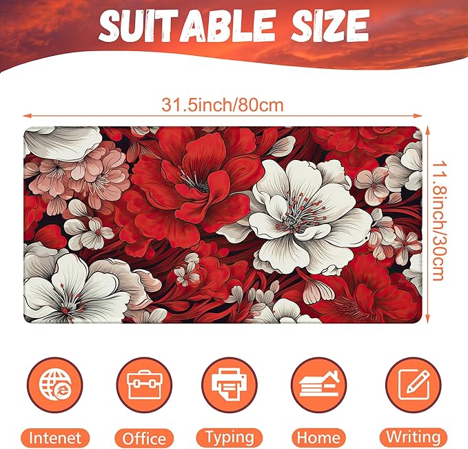 KOAIWPAE Desk Pad, Red and White Flowers Desk Mat, Retro Red Floral Large Gaming Mouse Pad, 31.5"x15.7" Extended Big Computer Keyboard Mouse Pad with Non-Slip Base and Stitched Edge