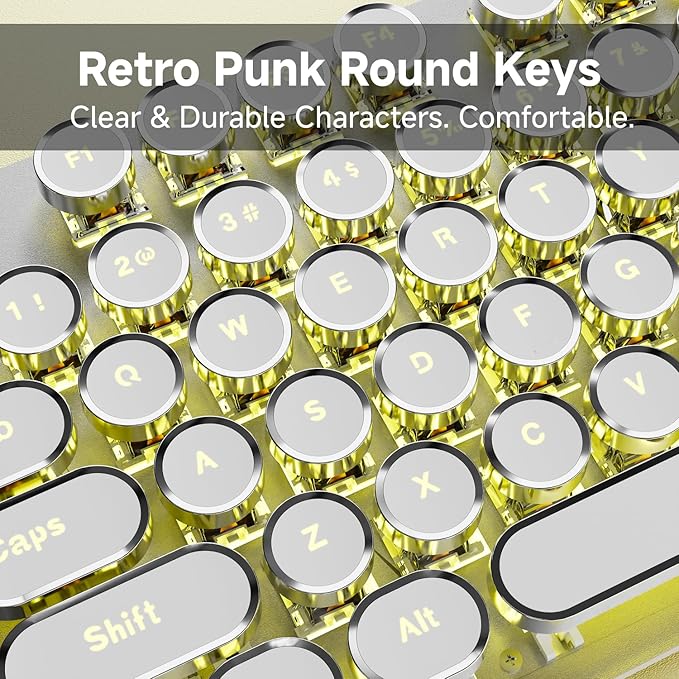 SEUNKWANG EWEADN TK100 Typewriter Style Wired Mechanical Keyboard, 104 Keys Aesthetic Typewriter Keyboard with Yellow Backlit, Anti-Ghosting, Blue Switch Cool Keyboards-White