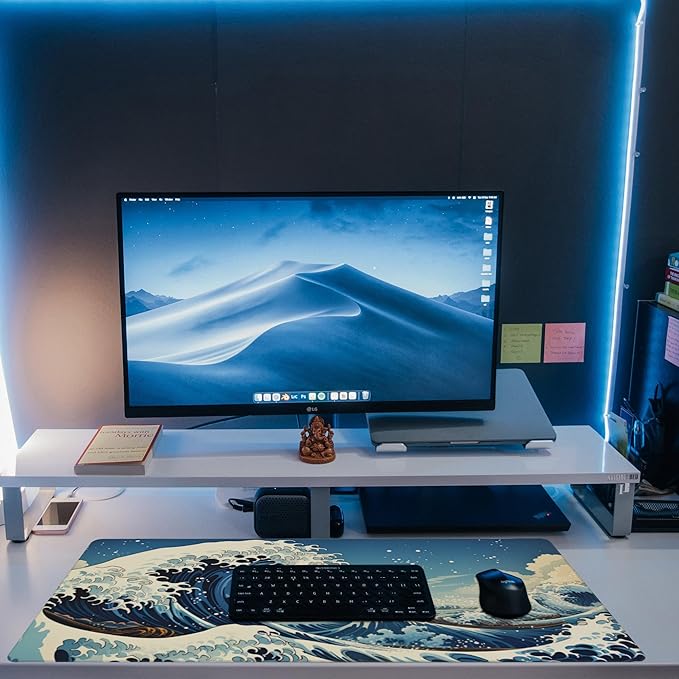 Eflxamz Desk Mat,Blue Japanese Sea Wave Desk Pad,Japanese Sea Wave Large Gaming Mouse Pad for Desk,Extended Big Computer Keyboard Mouse Pad with Non-Slip Base and Stitched Edge,35.4"x15.7"