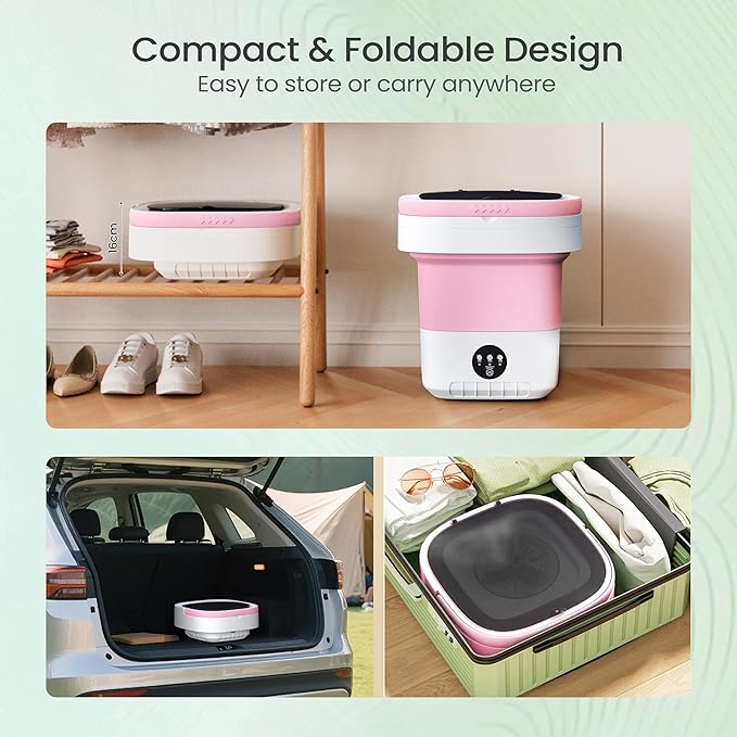 Portable Washing Machine - 16L Mini Foldable Washer with Spin Basket, 3 Cleaning Modes & Deep Cleaning for Small Clothes, Collapsible Laundry for Apartment, Home, Hotel and Travel (Pink)