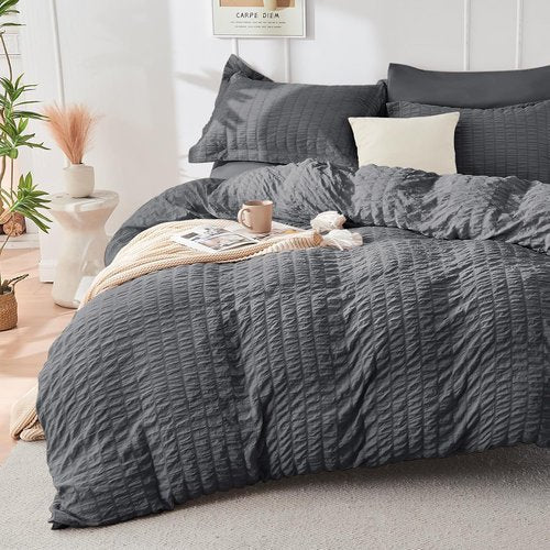 HYMOKEGE Oversized Queen Comforter Set - All-Season Luxury Bedding in Dark Grey | 7-Piece Seersucker Design