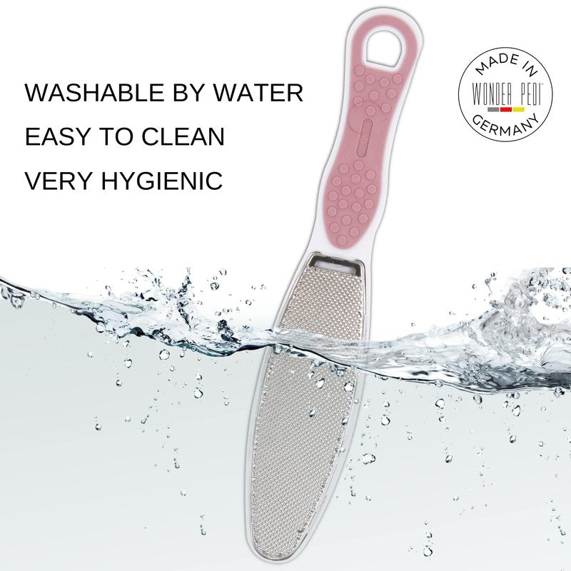Made in Germany Double Sided Foot File Callus Remover, Stainless Steel and Emery Sides Feet Scrubber, Professional Pedicure Foot Care Tool Rasp, Long Lasting Foot Buffer, Heel Scraper, Wonder Pedi