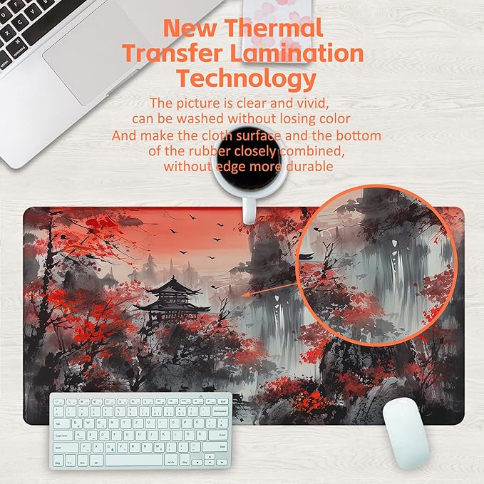 KOAIWPAE Desk Mat, Red Landscape Painting Desk Pad, Ink Painting Large Gaming Mouse Pad for Desk, 31.5"x15.7" Extended Big Computer Keyboard Mouse Pad with Non-Slip Base and Stitched Edge