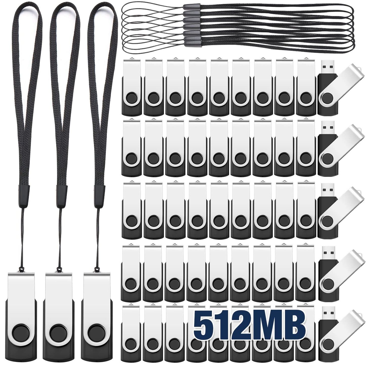 Aoriher 50 Pack USB 2.0 Flash Drives Bulk, Portable USB Thumb Drives with Lanyards, Swivel Flash Drives Thumb Drives for Office School Data Storage(Black,512mb)