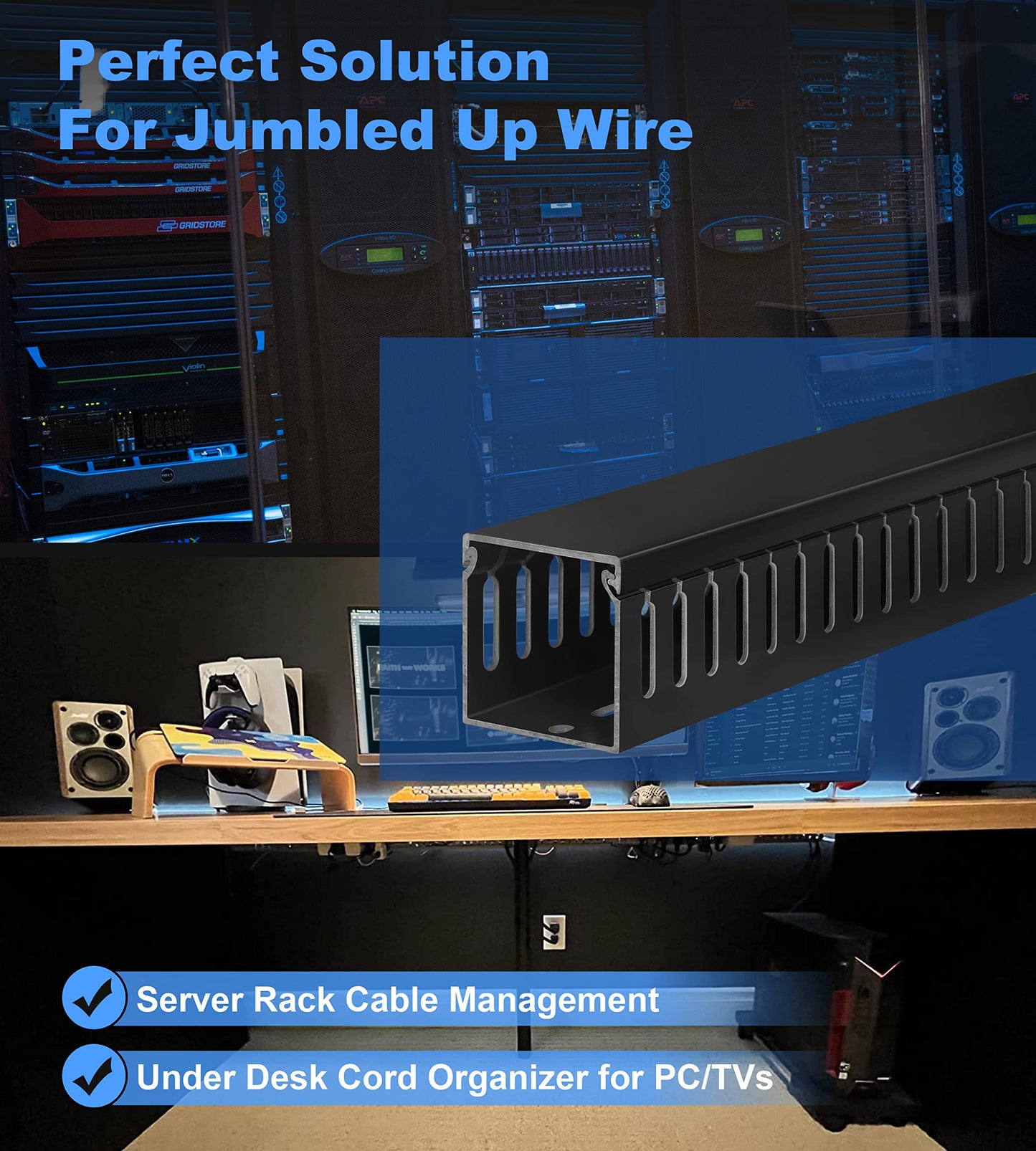 ZhiYo 2 x 2in Professional Server Rack Cable Management Raceway, 99in (6X L16.5in) Cable Raceway Kit, Electrically Safe PVC Open Slot Wire Raceway for Under Desk/Computer/Network Cords, Black
