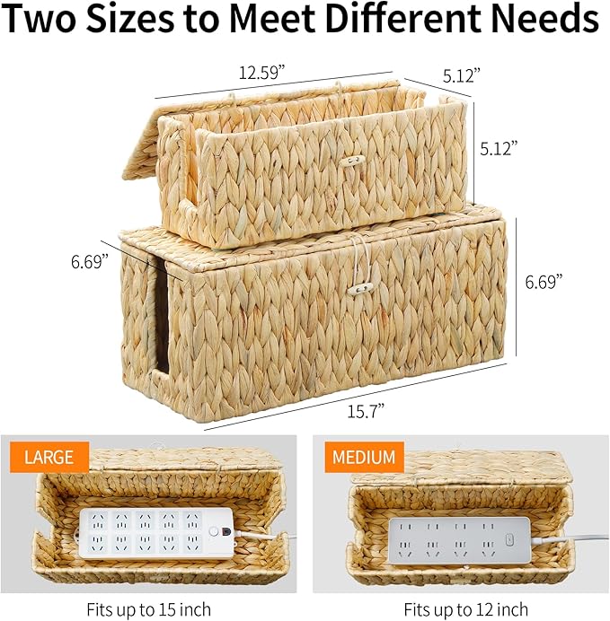 Coeusy Cable Management Box,Hand-Woven Water Hyacinth Decorative Cord Organizer,2 Side Open Slots Wicker Cable Box to Hide Cords and Power Strip,for Desk, Floor, Office,2 Pack