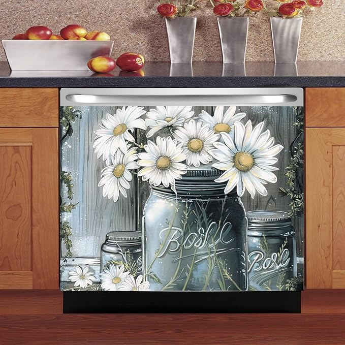 Country Daisies Dishwasher Magnet Cover for The Front, Still Life White Flowers Reusable Magnetic Dishwasher Sticker, Vintage Vase Floral Kitchen Appliances Panel Decal (23" x 17" Magnetic)