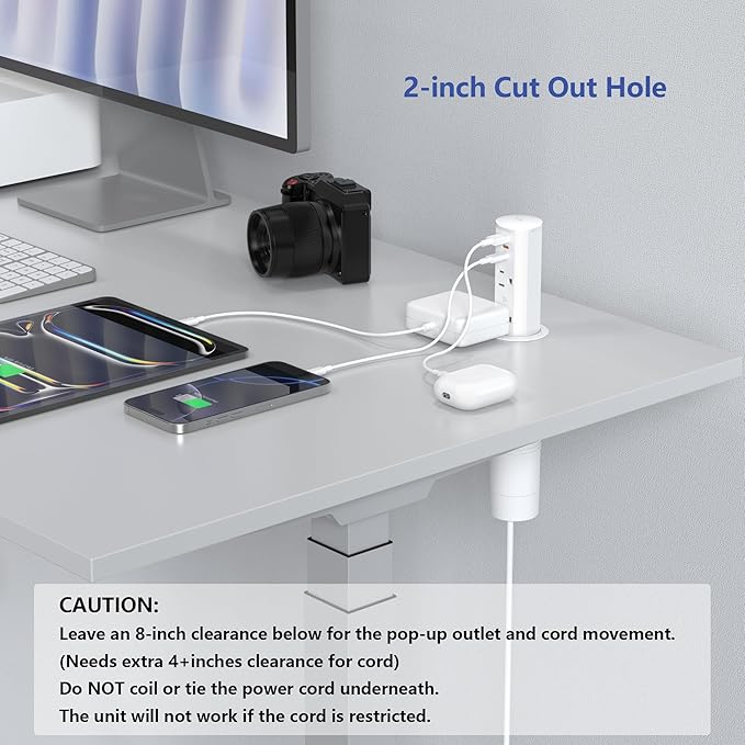 2 Inch Pop Up Outlet for Countertop & Office Desk,ETL Listed, 20W USB C Fast Charge,2 Outlets,3 USB,Recessed Power Grommet for Conference Table,Workstation,Hotel,Kitchen Island (White, 6 FT Cable)
