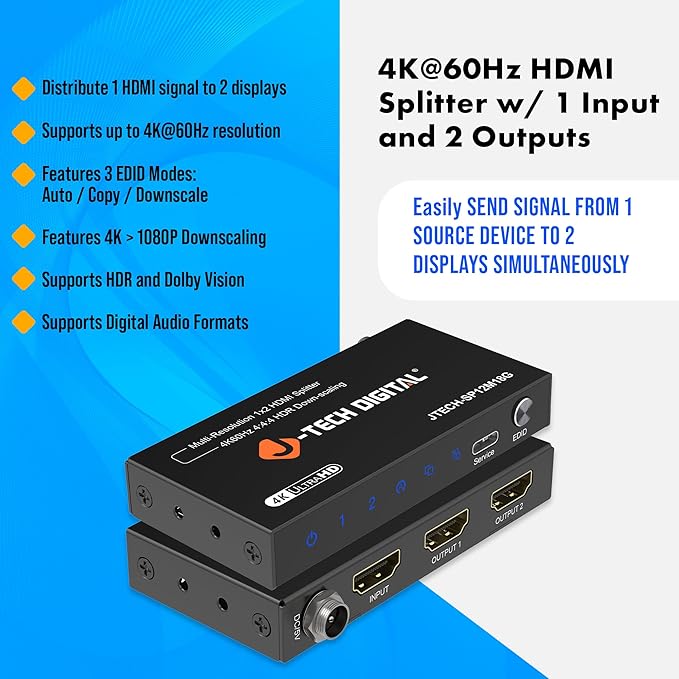 J-Tech Digital HDMI Splitter 1 in 2 Out 4K 60Hz 18Gbps – 1x2 HDMI 2.0 Hub for Multiple Monitors Duplicate/Mirror Screen, Premium Ultra HD [JTD4KSP0102]