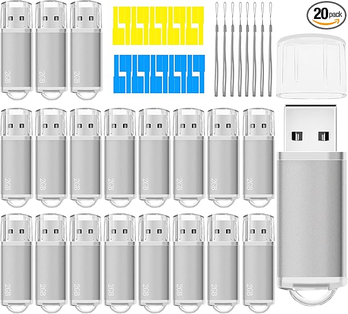 2GB USB Flash Drive 20 Pack Nicepicten Thumb Drives Pack Jump Zip Drive USB 2.0 Flash Drives Mulitipack 2GB Memory Stick with Labels & Lanyards - Silver