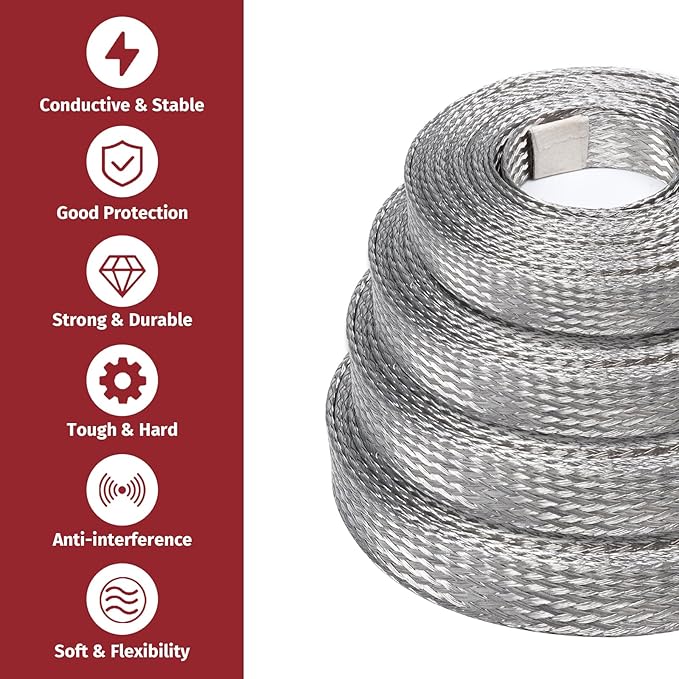 BuyUneed Tinned Copper Metal Braid Sleeving Wire Shielding Sleeve Braided Copper Ground Straps EMI/RFI Interference Expandable Flat Mesh Shielding Cable for Protect Wire (1/2inch-22ft)