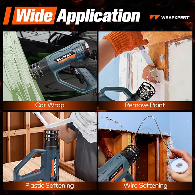 WRAPXPERT Heat Gun for Vinyl Wrap/Window Tint with Digital LCD 2000W 122℉-1202℉（50℃- 650℃) Variable Temperature Control Memory Function for Car Wrap, Crafts, Shrinking Tubing, Stripping Paint