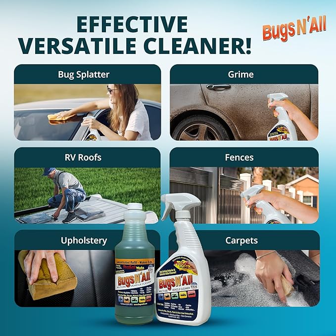 Bugs Nâ All Multipurpose Car Cleaner & Degreaser - Bug & Tar Remover Concentrate 32 oz - Exterior Cleaner Safe for Car Paint, Metal, Chrome, Aluminum, Windows & Mirrors - w/Free 32 oz Spray Bottle