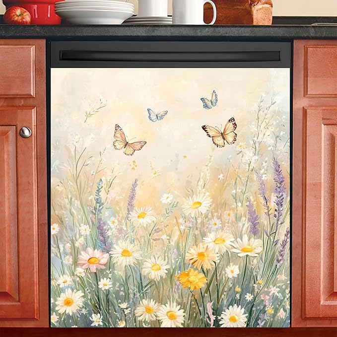 Dishwasher Magnet Cover 23x26 in Watercolor Daisies and Butterflies in Pastel Scene Magnetic Dishwasher Cover for Kitchen Appliance Decoration Front Panel Sticker Home Decor
