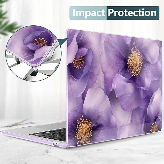 TWOLSKOO for MacBook Air 15 inch Case 2026 2025 2024 2023 Release M5 A3448 M4 A3241 M3 A3114 M2 A2941, Plastic Hard Shell & Screen Protector & Keyboard Cover & Type C Adapter, Purple Flowers