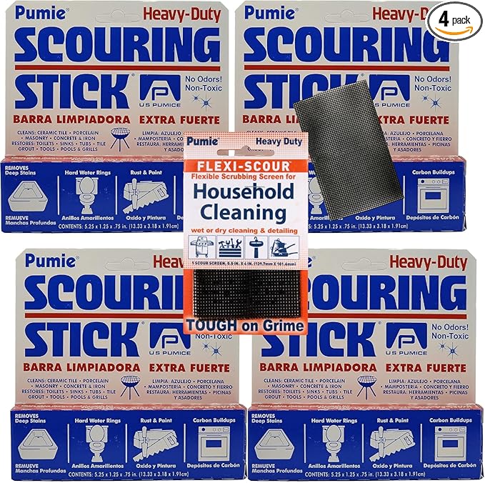 PUMIE Pumice Scouring Stick for Cleaning Toilet Bowl Rings & Hard Water Stains, Bathroom, Pools & Tubs, Pumice Stone for Toilet Cleaning, Rust, Grills, Food Build Ups, Pack of 4, includes Scouring Pad