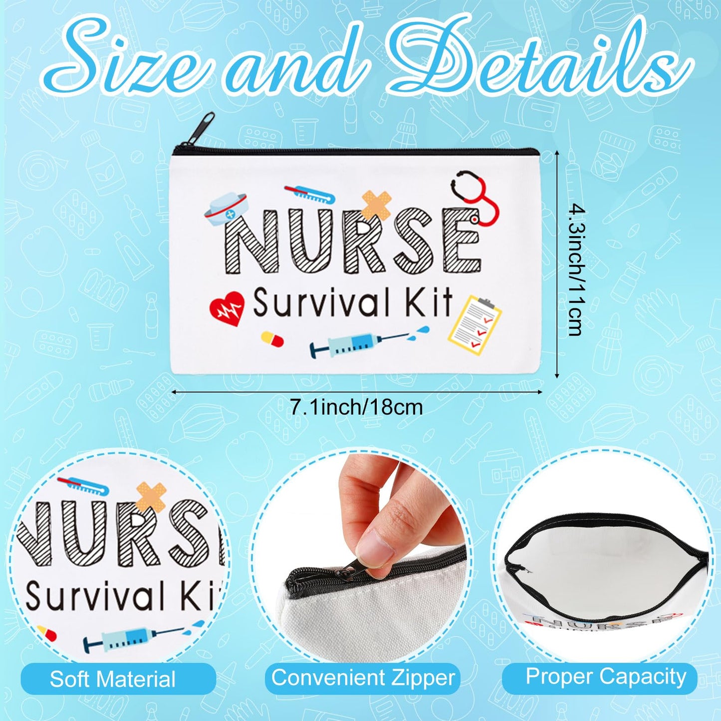 Abbylike 50 Pieces Nurse Gift Bag Survival Kit Makeup Bags Canvas Multi Purpose Zipper Pouch Funny Travel Bag for Birthday Nurse Week Practitioner Gifts for Women, 7.09 x 4.33 Inch(White)