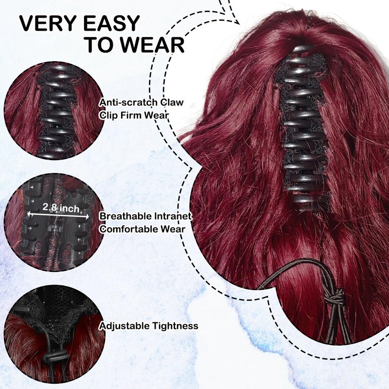 ISIGROSI Wine Red Wave Ponytail Extension Claw In - 28 Inch Long Curly Natural Wave Pony Tail Synthetic Clip in Hairpiece Ponytail Hair Extension for Women Daily Use