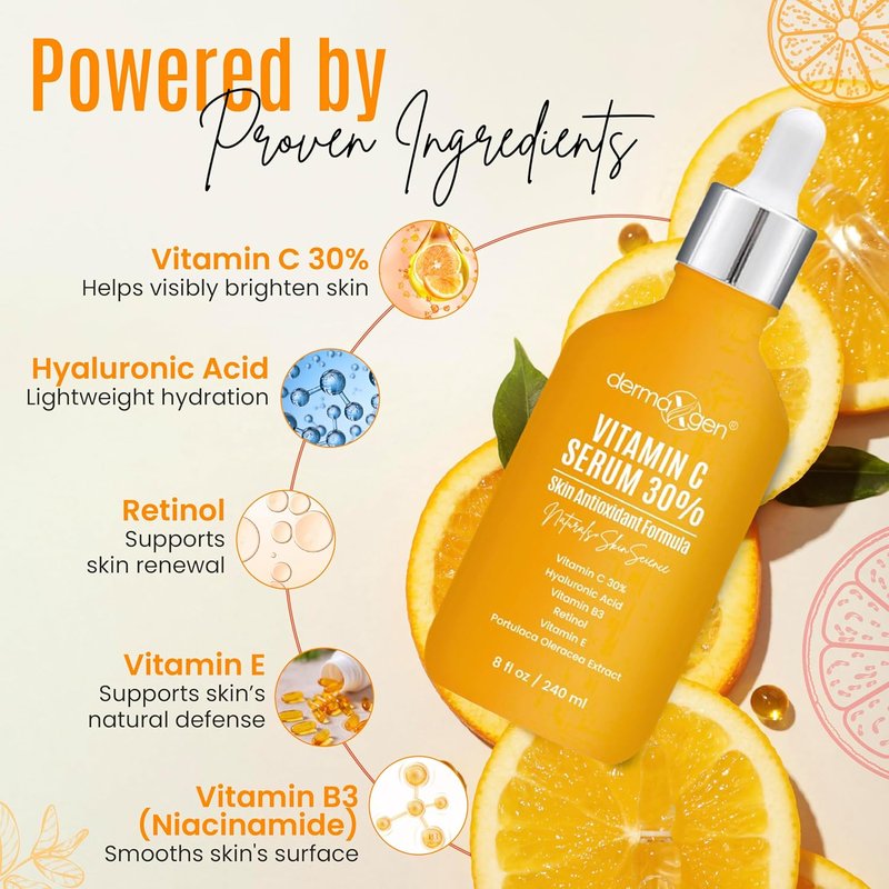 Vitamin C Serum - Pure Organic Anti-Aging Facial Serum with Hyaluronic Acid & Retinol | 8 Fl Oz