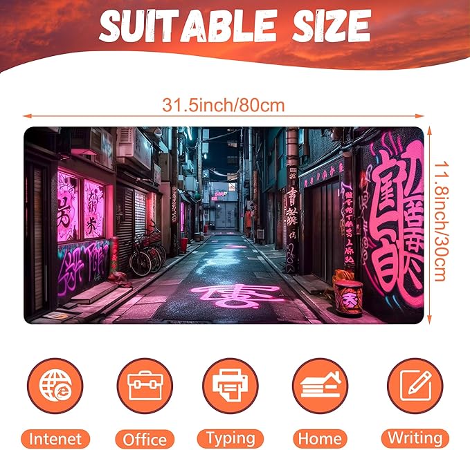 KOAIWPAE Desk Pad, Anime City Street Scene Desk Mat, Pink Neon Street Large Gaming Mouse Pad for Desk, 31.5"x15.7" Extended Big Computer Keyboard Mouse Pad with Non-Slip Base and Stitched Edge