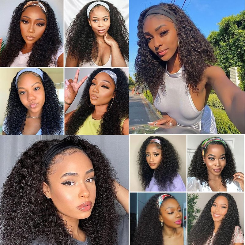 Semicaop Curly Headband Wigs 16 Inch 100% for Black Women Human Hair Glueless Wear and Go Human Hair Headband Wigs Curly 180% Density Natural Black