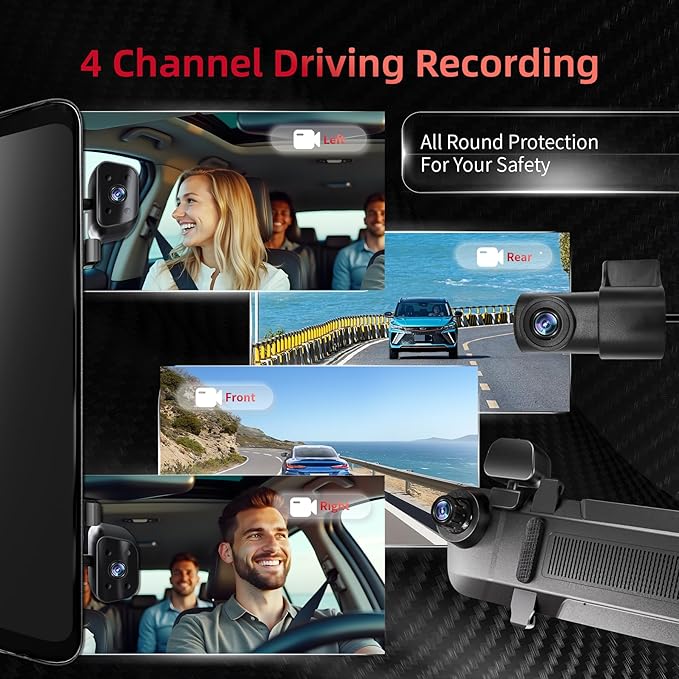 2026 12'' Mirror Dash Cam 4 Channel, Touch Screen Rear View Mirror Camera for Cars,1080Px4 Dashcam Front Rear Inside, IR Night Vision,WiFi,APP,GPS, 24/7 Recording Parking Monitor,Free 128GB SD
