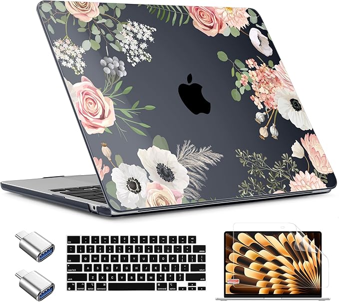 TWOLSKOO for MacBook Air 13 inch Case M5 2026 M4 2025 M3 M2 2024-2022 A3449 A3240 A3113 A2681, Plastic Hard Shell & Keyboard Cover & Type C for MacBook Air 13.6 inch Case, Rose Flower