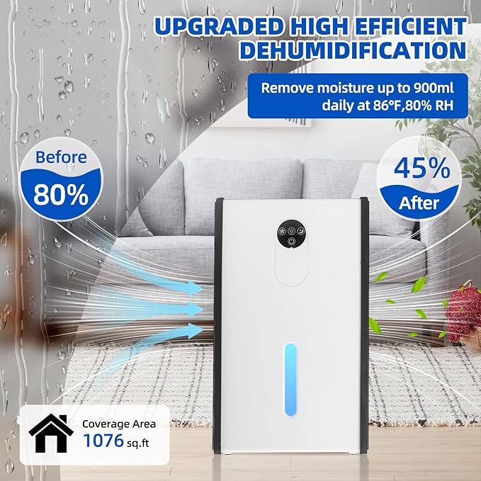 Dehumidifier for 1076 sq.ft,Quiet Portable Moisture Absorber with Auto Shut Off,Auto Defrost,72 OZ Water Tank,Drain Hose,7 Color LED Light,Sleep Mode for Basement Home Bedroom Bathroom RV