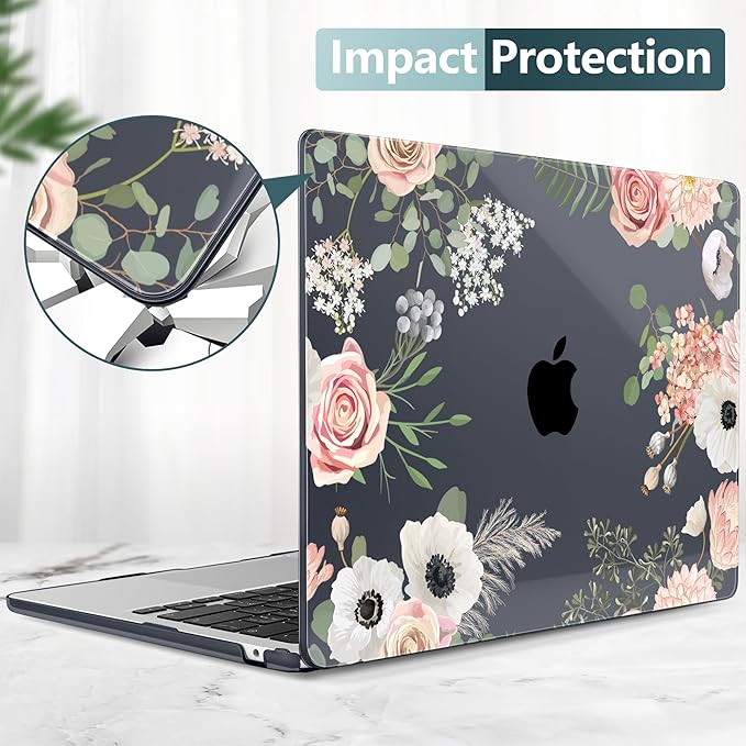 TWOLSKOO for MacBook Air 15 inch Case 2025 2024 2023 Release M4 A3241 M3 A3114 M2 A2941, Plastic Hard Shell & Screen Protector & Keyboard Cover & Type C Adapter, Rose Flower
