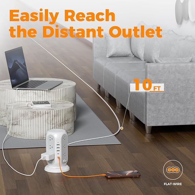 TESSAN Tower Power Strip with Individual Switches, Surge Protector with 12 Outlets, 5 USB Ports(2 USB C), Flat Extension Cord 10 Ft, 1250W, Charging Station for Multiple Devices, Office, Dorm, Grey
