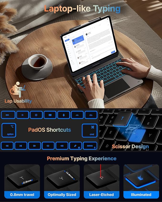 typecase Touch Case with Keyboard for iPad Pro 13"(M5/M4, 2025/2024), iPad Air 13"(M4/M3/M2, 2026/2025/2024) & iPad Pro 12.9", Trackpad, 360° Rotatable, 11-Colors Backlit, Space Black