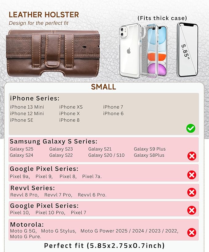 Wireless City Small Phone Holster for Men & Women, Horizontal Belt Clip & Loop Cell Phone Pouch, Magnetic Closure Phone Belt Holder Fits iPhone 13 Mini iPhone 12 Mini iPhone SE X/XS 8, 7 6s (Brown)