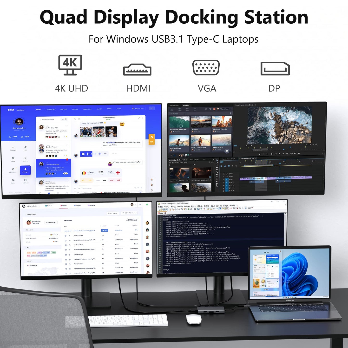 ABIWAZY USB C Docking Station Dual Monitor Adapter for Dell HP Laptop Docking Station 3 Monitors Quadruple Display USBC Hub Dongle to 4K HDMI,DP,VGA,3 USB2.0,100W PD, USB-C Dock for Lenovo,Surface