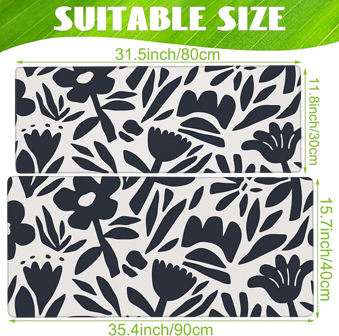 Eflxamz Desk Pad, Hand Drawn Leaves and Flowers Desk Mat, Abstract Plant Large Gaming Mouse Pad with Non-Slip Base and Stitched Edge, 31.5"x11.8"