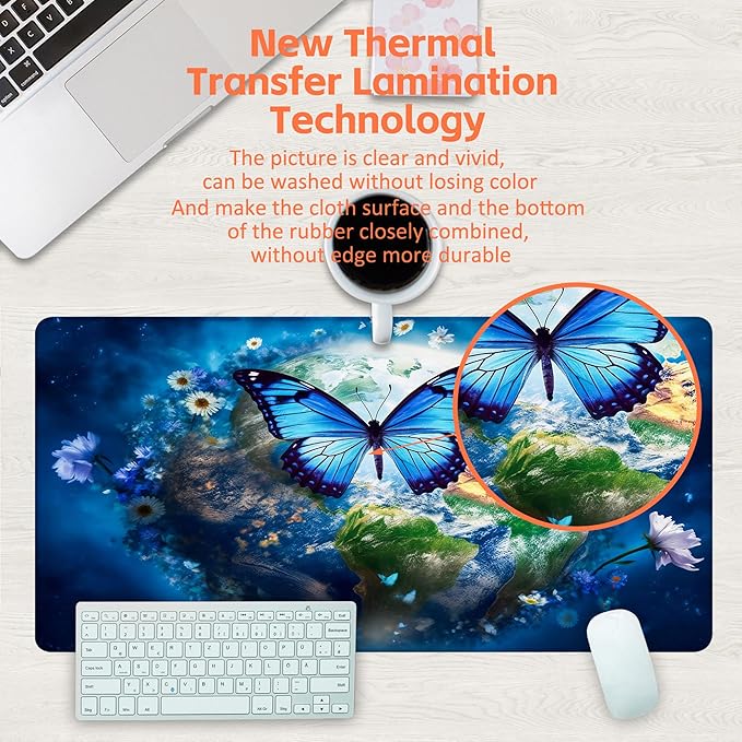 KOAIWPAE Desk Mat, Earth Surrounded by Flowers Desk Pad, Blue Butterfly Large Gaming Mouse Pad, 31.5"x15.7", Extended Big Computer Keyboard Mouse Pad with Non-Slip Base and Stitched Edge