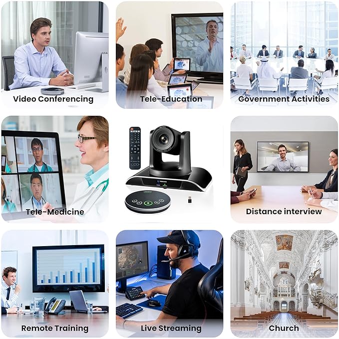 12x Zoom Conference Room Video Camera System, Al Auto-Tracking HD 1080P 60fps 12X Optical Zoom USB3.0 HDMI PTZ Camera 75° FOV and Bluetooth Conference Speaker with Microphones Bundle for Medium Room