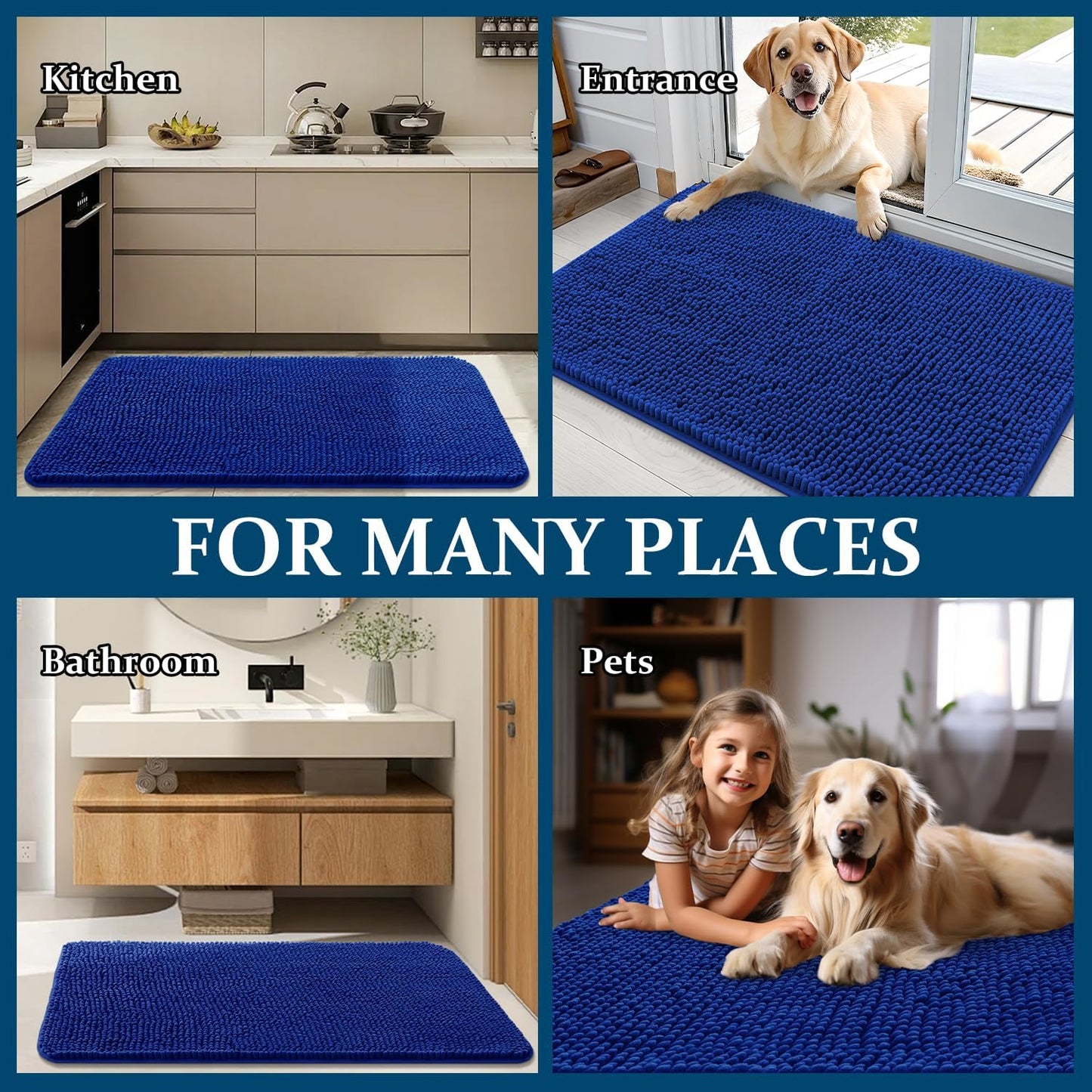 OLANLY Dog Door Mat - Absorbent Non-Slip Washable Chenille Mat for Muddy Paws | 36x24 Royal Blue