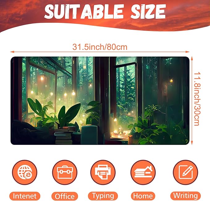 KOAIWPAE Desk Mat, Window View of Forest Desk Pad, Green Atmosphere Large Gaming Mouse Pad for Desk, 31.5"x15.7" Extended Big Computer Keyboard Mouse Pad with Non-Slip Base and Stitched Edge