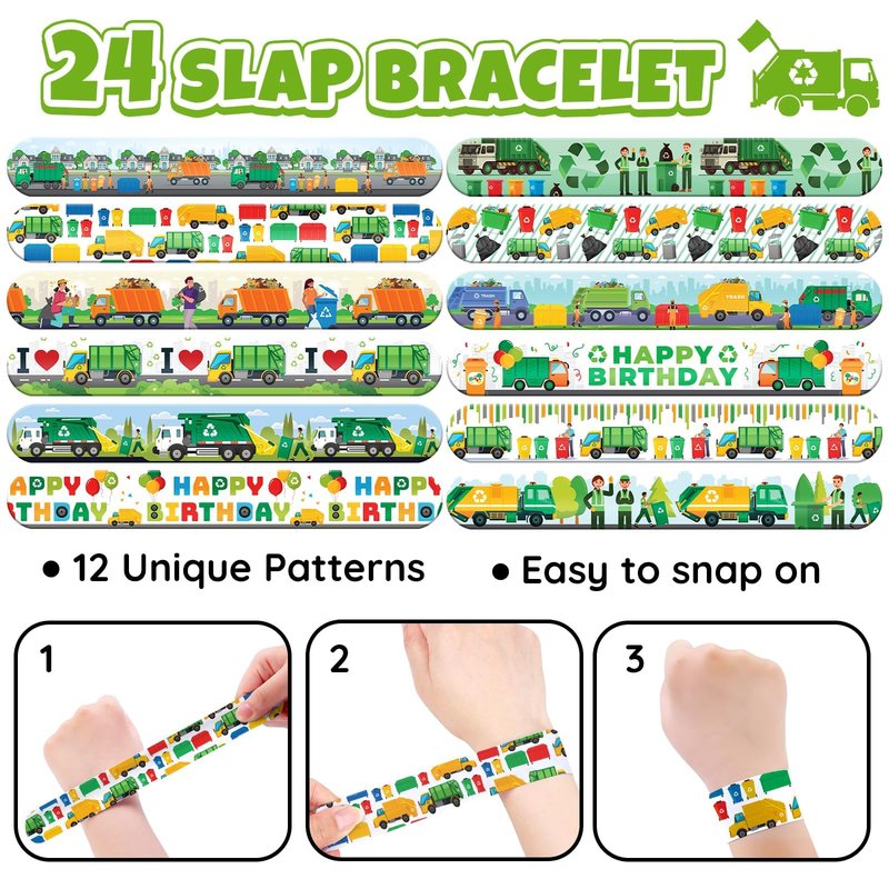96 PCS Garbage Truck & Trash Truck Party Favors - 72 Pre-Cut Temporary Tattoos & 24 Slap Bracelets for Kids, Birthday Decoration Supplies, Goodie Bag Stuffers Gifts